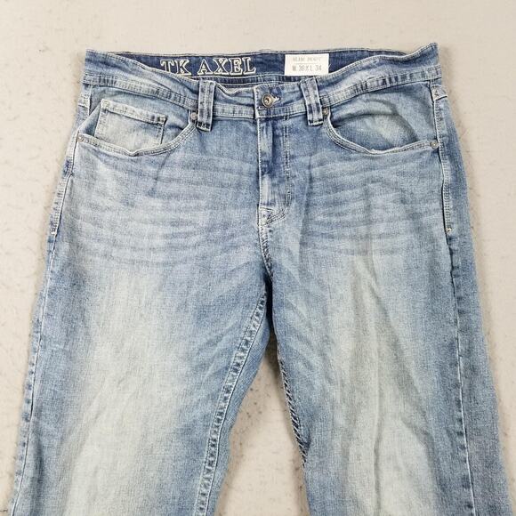 TK Axel Jeans Mens 36x34 Blue Slim Boot Light Wash Denim Embroidered Pockets - Picture 2 of 15